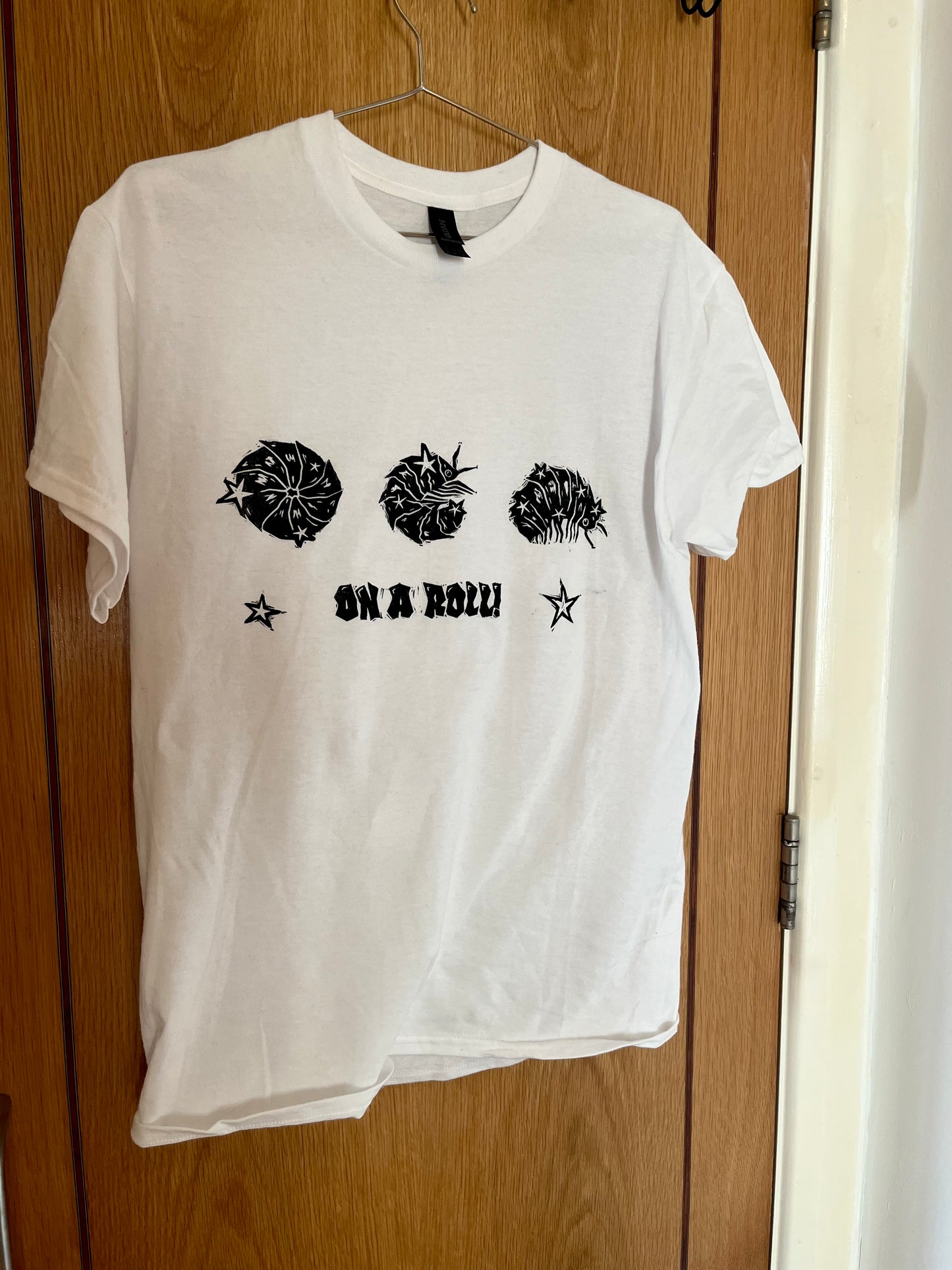 ON A ROLL! white woodlouse/isopod T-shirt