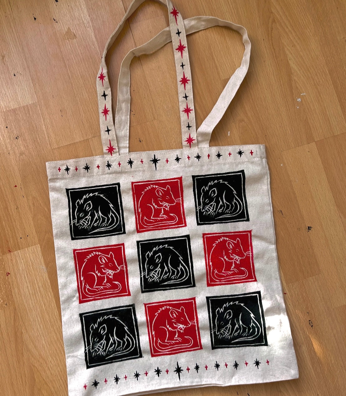 RAT GRID red and black canvas tote bag