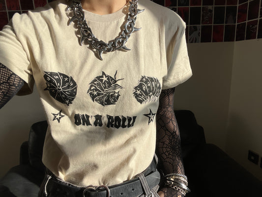 ON A ROLL! beige woodlouse/isopod T-shirt