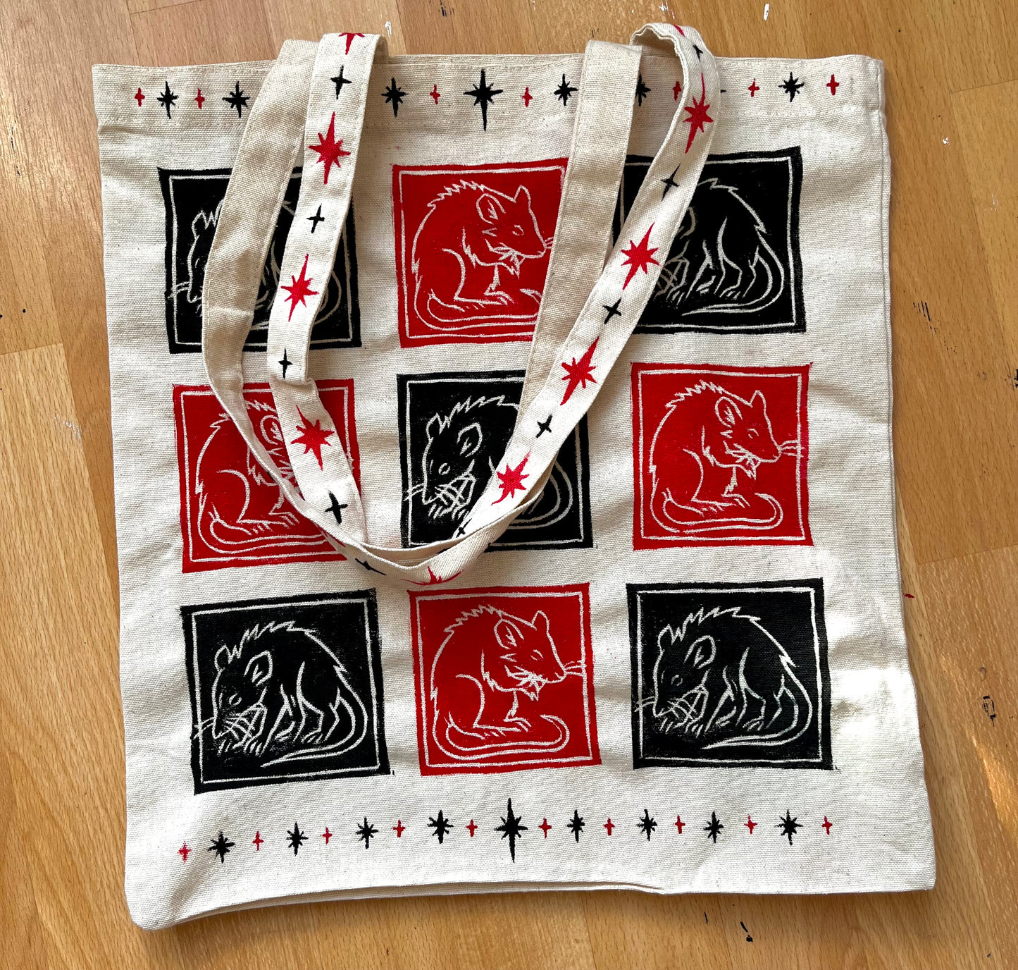 RAT GRID red and black canvas tote bag
